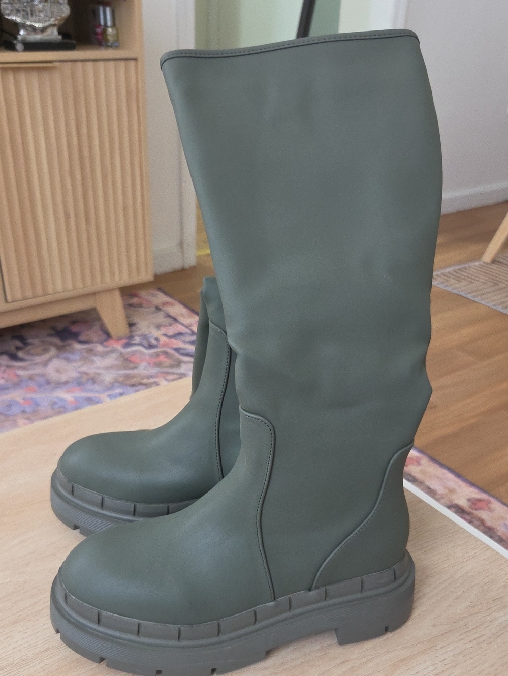 Chunky Mid-Calf Heeled Boots in Olive Green